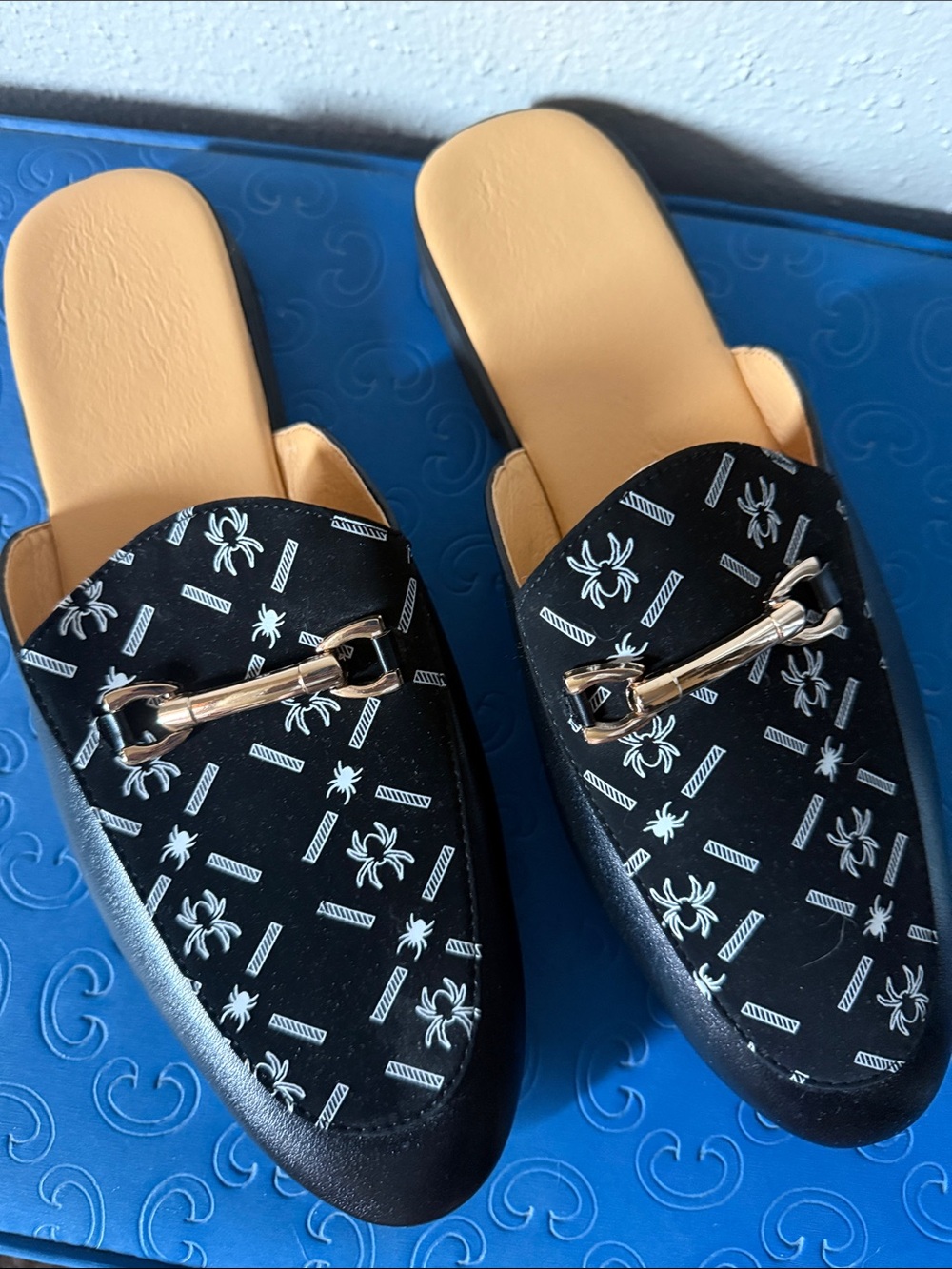 Black Slip-On Mules with Gold Bit & White Pattern
